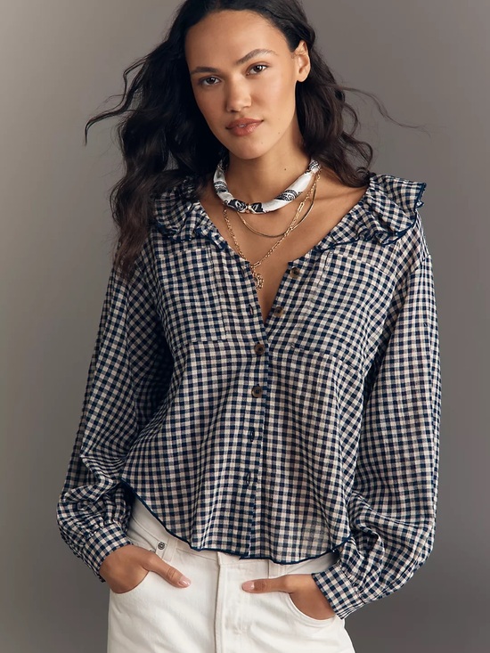 Pilcro Tops - Pilcro Remy Gingham Ruffle Collar Button-Front Womens Top in Navy and Cream